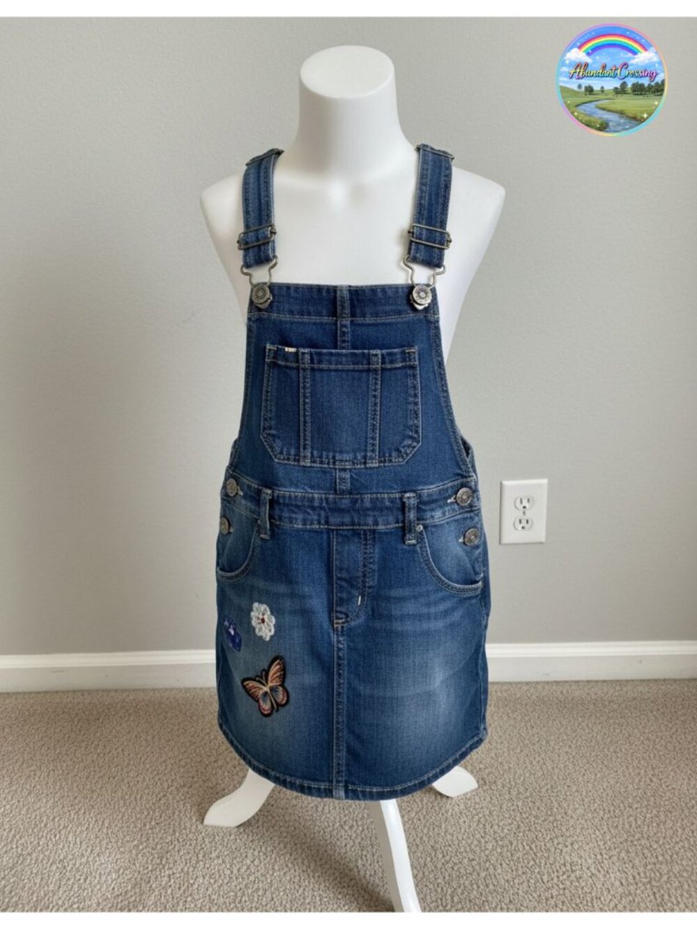 Girls Denim Overall Dress Embroidered Fox Flowers 100% Cotton